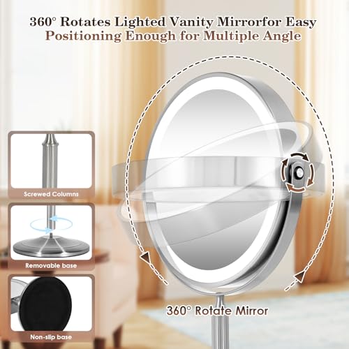 VESAUR 15X Magnifying Mirror with Light, 9.5 Large 5000mAh Rechargeable Double Sided HD Lighted Makeup Mirror with 3 Touch Dimmable Light, 360¡Æ Swivel Detachable for Travel Vanity Mirror Nickel, Gifts