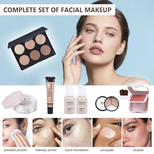 Makeup Set for Women Full Kit Includes, eyeshadow¡¢ liquidfoundation,Loose powder,Eyebrow pencil,Lipstick Eye Pencil Makeup BrushesMakeup practice board 4-color lip gloss set