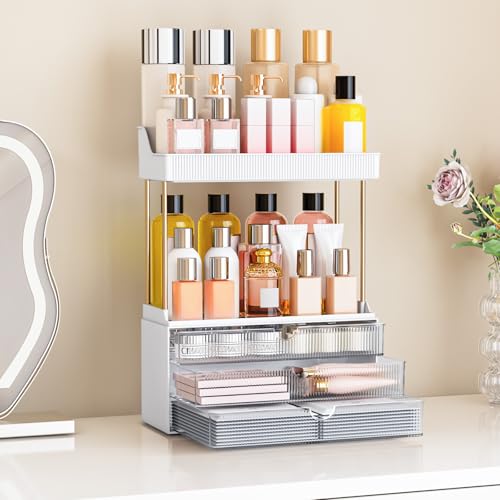 5 Tiers Bathroom Counter Organizer - 3 Drawers Makeup Organizer, Cosmetic Storage Drawer for Dresser Countertop and Bathroom Vanity for Large Skincare, Perfume, Clear