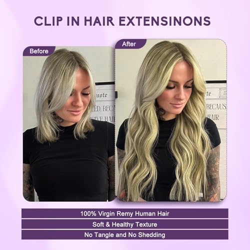 Blonde Clip in Hair Extensions Real Human Hair 8pcs Per Set with Double Weft 100% Seamless Blonde Hair Extensions for Women #8p613 Mixed Bleach Blonde 26inch 130g/4.6oz
