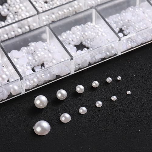 Multi Sizes Round and Half Round Pearls 3D Nail Charms, White Flatback Pearls Nail Jewelry for Women Girls Manicure Nails Supplies DIY Crafts Decorations¡¦¡¦