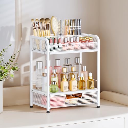 HapiRm Makeup Organizer Countertop with Drawer - Large Capacity Vanity Organizer with Dividers, Bathroom and Bedroom Desk Cosmetic Display Case for Storage Skincare, Makeup Brush, Dresser, Perfume