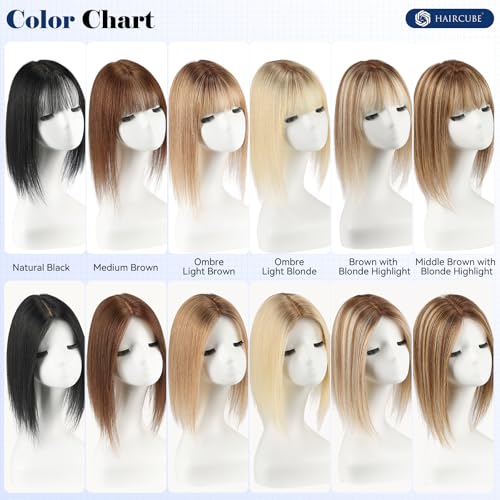 HAIRCUBE 12 inch Hair Toppers for Women 5"*5.5" Large Base Light Brown with Blonde Highlight Real Human Hair Topper With Bangs HairToppers for Women with ThinningHair Cover Gray Roots Add Volume