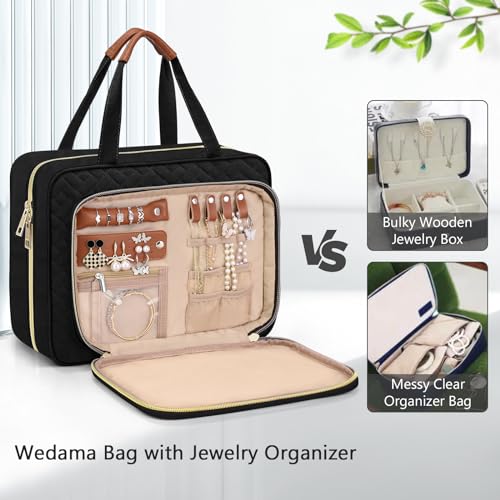 Wedama Toiletry Bag for Women, Hanging Travel Toiletry Bag with Jewelry Organizer Compartment Large Makeup Bag, PVC Waterproof Cosmetic Travel Bag for Travel Business Trips Camping Bathroom, Black