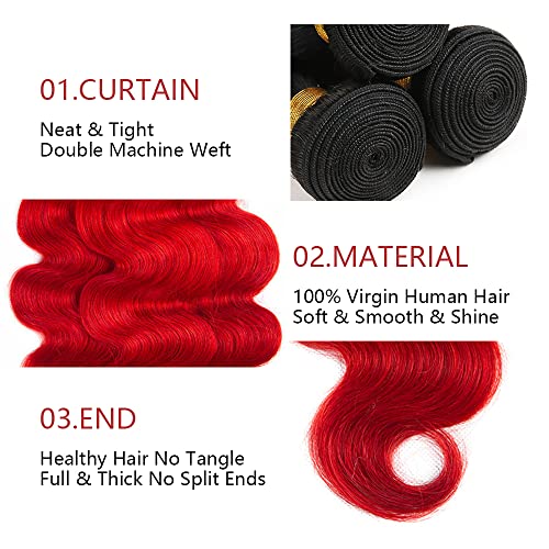 Red Body Wave Bundles Ombre Human Hair Bundle Tow Tone Black To Red Bundles 100% Unprocessed Virgin Hair Extensions 8 10 12 Inch