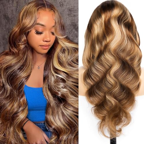 28 Inch Ombre Highlight Lace Front Wigs Human Hair Pre Cut 5X5 Glueless #4/27 Honey Blonde Body Wave Wigs for Women Pre Plucked with Baby Hair Lace Closure wig 200% Density