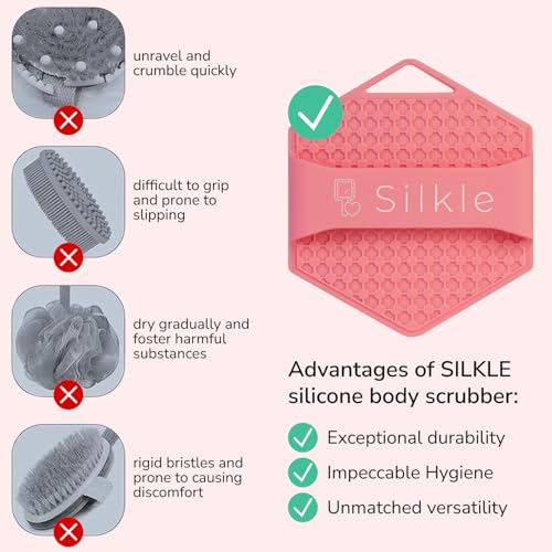Silicone Body Scrubber - Exfoliating Bath Brush and Skin Cleanser - Shower Sponge for Gentle Body Scrub and Wash - Silicone Scrubbing Care Tool for a Refreshed and Renewed You - Pink