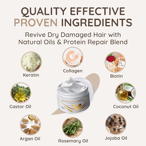 VITAMINS hair cosmetics Keratin Hair Mask - Protein Repair Keratin Treatment - Deep Conditioner for Dry, Damaged, Curly, Straight & Frizzy Hair with Biotin, Collagen & Castor Oil - 8.5 Fl Oz