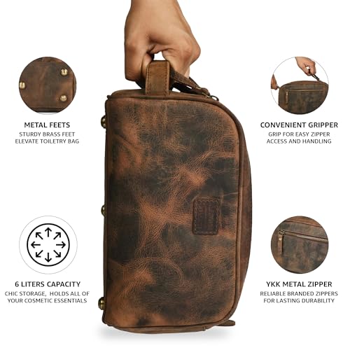 LEATHER VILLAGE Premium Leather Toiletry Travel Pouch With Waterproof Lining - Brown | King-Size Handcrafted Vintage Dopp Kit Bag