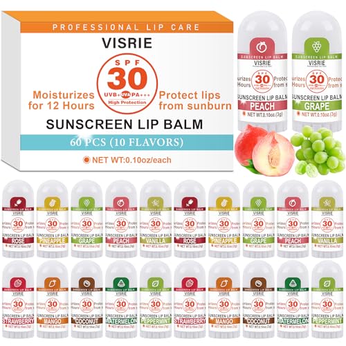 SPF 30 Sunscreen Lip Balm, SPF Lip Balm Bulk 60 Count, Broad Spectrum UVA/UVB Lip Sunscreen with Vitamin E and Coconut Oil- 10 Flavors
