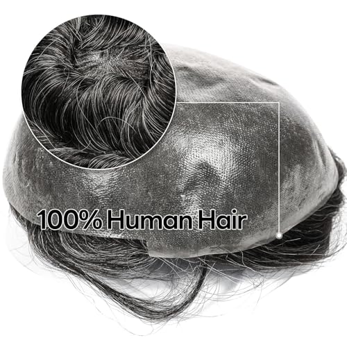 Men Toupee Hair System Human Hair Replacement For Men 0.04mm Ultra Thin Skin Toupee For Men V-looped Hair Piece (220# Darkest Brown with 20% Grey, 8x10"-100% Light Med-Light Density)