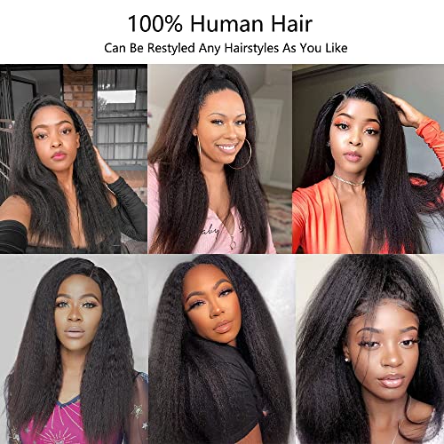 13X4 Kinky Straight Lace Front Wigs Human Hair for Women,26 inch Glueless Kinky Straight Human Hair Wig Pre Plucked HairLine with Baby Hair,180% Density Yaki Straight Lace Wigs Natural Black Color