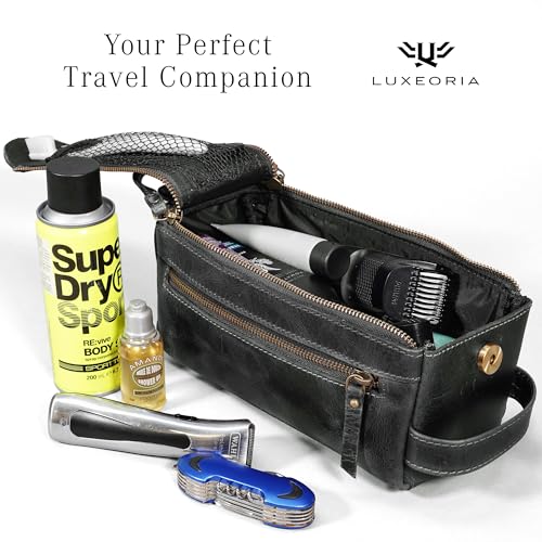 LUXEORIA Genuine Leather Toiletry Bags for Men and Women, Handmade Premium Leather Dopp Kit and Shaving Bag, Cosmetic Bag for Womens and Mens, Travel Essentials & Organizers
