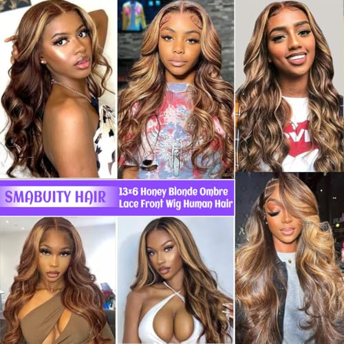 30 Inch Honey Blonde Wig Human Hair 13x6 Ombre HD Lace Front Wigs Body Wave P4/27 Highlight Human Wig Pre Plucked with Baby Hair 180 Density Human Hair Frontal Wigs for Women