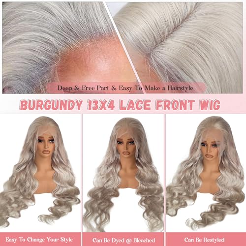 13x6 Lace Front Wig Human Hair, 180% Density Mini Knots HD Invisible Lace Wig for Women Free Part Glueless Silver Grey Colored Human Hair Wigs Long 34 Inch