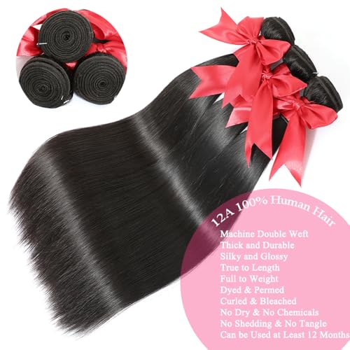 12A Straight Bundles Human Hair with 5x5 Closure 22 24 26+20 Inch Brazilian Human Hair Weave Bundles with 5x5 HD Lace Closure 100% Unprocessed Virgin Hair Extensions