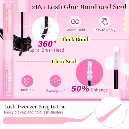 Wispy Lash Clusters Kit Natural Lash Extension Kit 192 pcs Cluster Eyelash Extension Kit DIY Individual Lashes Lashes with Lash Glue Bond and Seal Tweezers Soft Eyelash Clusters, 8-16 mm