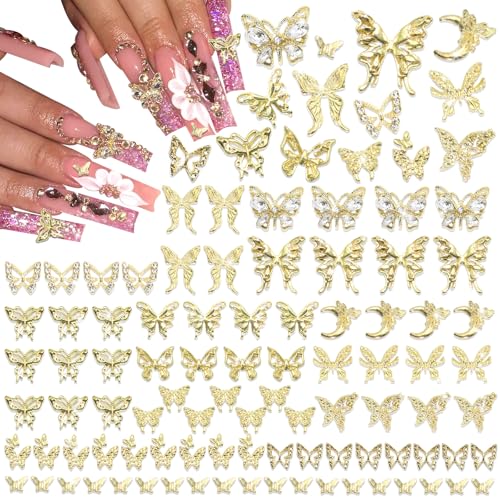 RODAKY 120pc Butterfly Nail Charms - Gold 3D Butterflies with Rhinestone Mixed Size Y2K Nail Decoration for Women's Manicure Design DIY Craft Embellishment