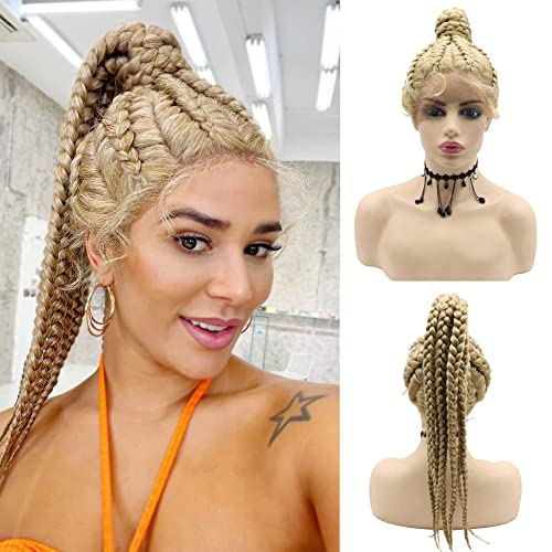 Blonde Braided Wig for Black Women Synthetic Fully Handmade 7 Box Braided Swiss Lace Wig with Baby Hair Heat Resistant High Ponytails Lightweight Braids Wig Party Makeup Costume