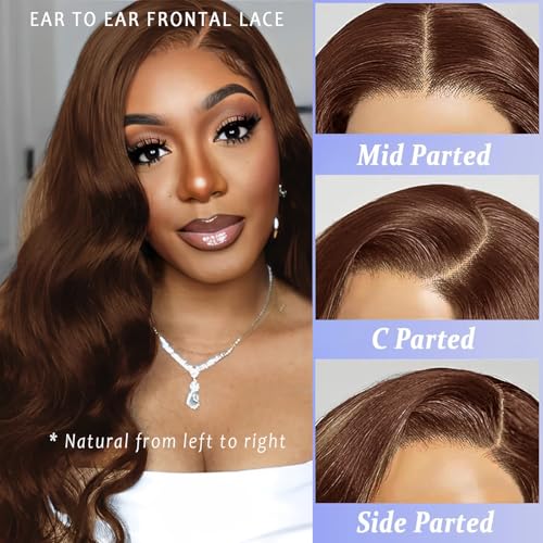 Chocolate Brown Lace Front wig 13¡¿6 Body Wave Lace Front Wigs Human Hair 200 Density HD Lace Brown Human Hair wig Pre Plucked Pre Bleached Knots (Brown, 26 inch)