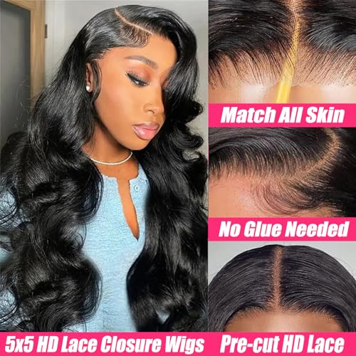 30 Inch 5x5 HD Lace Closure Wig Wear and Go Glueless Wigs Human Hair Pre Plucked Pre Cut Long Body Wave Lace Front Wigs Human Hair for Black Women 180% Density Natural Black
