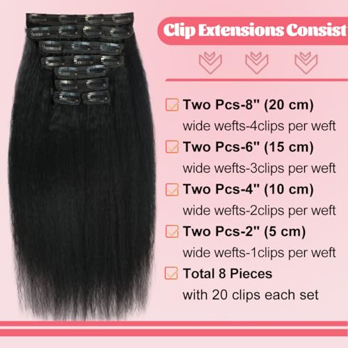 Kinky Straight Human Hair Clip in Extensions 110g Full Head Clip ins for Women 100% Unprocessed Brazilian Virgin Human Hair Yaki Straight Clip ins Remy Hair Natural Black 8Pcs 20Clips 26inch
