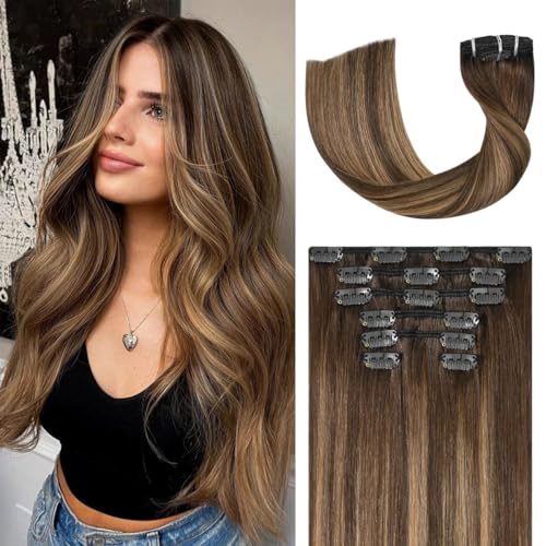 Balayage Hair Extensions Real Human Hair, Ombre Medium Brown Fading to Caramel Blonde 20 inches 120g Highlights 100% Human Hair Natural Straight Woman Beauty Clip ins #4/27/4