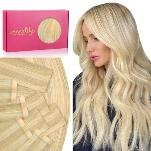WENNALIFE Invisi Edge & Classic Tape in Hair Extensions Human Hair, 20 Inch 100g 40pcs(20pcs Invisi Edge & 20pcs Classic) Light Blonde Highlighted Golden Blonde Invisible Injected Remy Hair Seamless