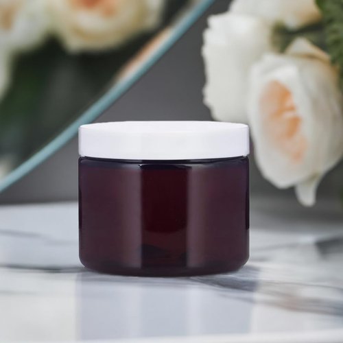 (12 pack) 6 oz Amber PET Plastic Low Profile Refillable Jar with White Lid