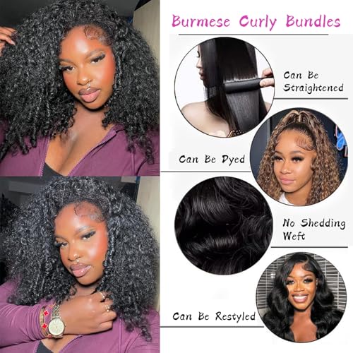 Burmese Curly Bundles Human Hair Water Wave Human Hair 100% Unprocessed Brazilian Virgin Remy Hair Bundles Quick Weave for Women Natural Black (Burmese Curly Natural Black, 16 18 20 Inch)