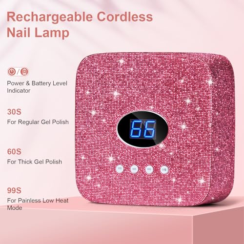 Cordless UV Nail Lamp, 54W Rechargeable UV Light for Gel Nails, Nail Dryer with 3 Timer Modes, Professional Quick Dry Curing Lamp for Salon & Home (Red Diamond)