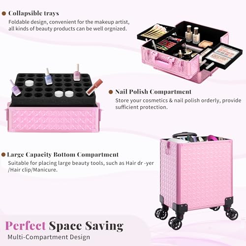 3 in 1 Rolling Makeup Train Case Professional Large Cosmetic Trolley Cosmetology Case on Wheels Traveling Cart Trunk for Hairstylist Artist Nail Beauty Salon Barber, Pink