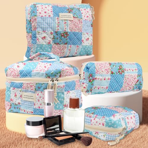 VIWIME Makeup Cosmetic Bag, Large Cotton Quilted Travel Coquette Aesthetic Cute Floral Make up Bag for Women Toiletry Bag Organizer (204- Gird Rose / 4Pcs)