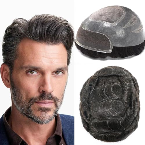 blazingfire Toupee Hair System for Men Human Hair Natural Hairline French Lace Front Mens Toupee Hairpieces Fine Mono Hair Prosthesis Replacement Male Toupee 8x10 Inch Off Black 1B with 10% Grey