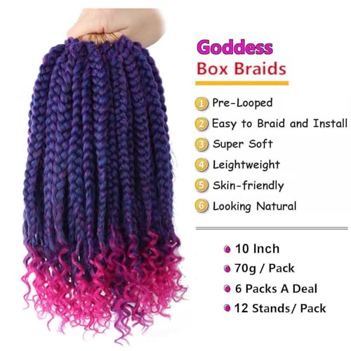 6 Packs Crochet Box Braids Curly Ends 10 Inch Crochet Hair for Kids Bohemian Bob Box Braids Crochet Hair for Black Women (10 Inch, T1B/Purple/Pink)