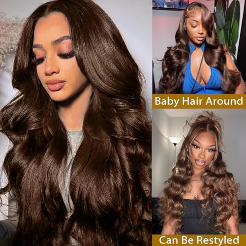 Chocolate Brown Lace Front Wig 13x6 HD Body Wave Lace Front Wigs Human Hair Pre Plucked Colored Frontal Glueless Brown Human Hair Wig for Women with Baby Hair 180% Density 30 Inch