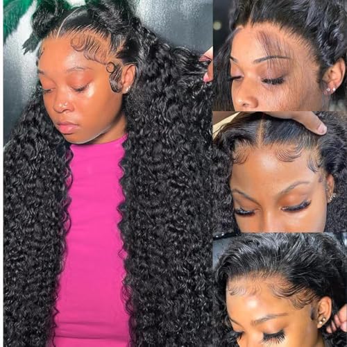 30 Inch Deep Wave Lace Front Wigs Human Hair Pre Plucked 13x6 HD Lace Front Curly Wigs Human Hair 200% Density Glueless Frontal Wigs Curly Wig for Women Natural Black