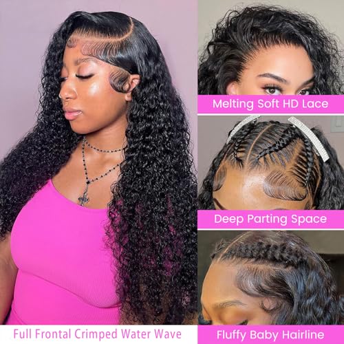 Water Wave Lace Front Wigs Human Hair Pre Plucked Bleached Knots Wet and Wavy 13x6 HD Lace Frontal Wigs for Black Women 200% Density Brazilian Remy Human Hair (Water Wave Wig, 30 Inch)
