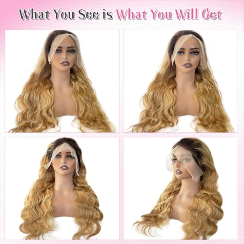 Body Wave Natural Black to Honey Blonde Lace Front Wigs Human Hair Pre Plucked 32 Inch 1B27 Curly Wave Free Part 13x4 HD Transparent Lace Frontal Glueless Wigs Human Hair for Black Women Bleached Knot