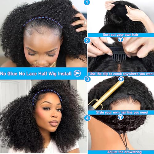 Kinky Curly Half Wig Human Hair 200% Density 3 In 1 Headband Wig Human Hair Glueless Wear and Go Beginner Friendly Drawstring Seamless Flip Over Half Wigs Human Hair Natural Black 22 inch