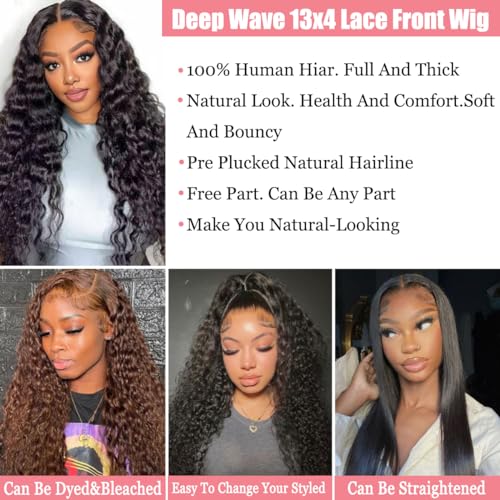 13x4 Deep Wave Lace Front Wigs Human Hair 180% Density Deep Curly Wigs for Women Brazilian Wig HD Transparent Lace Human Hair with Baby Hair Glueless Wig Natural Black 30 Inch