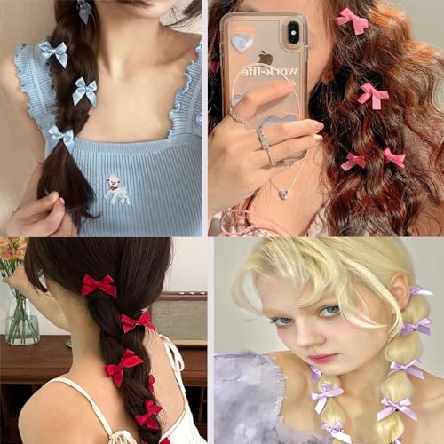 70PCS Mini Hair Bows for Women Girls,Pink Bows for Hair Red Hair Bows Ribbon Bowknots Hairclips Pink Ribbon Bows Black Satin Bow Hair Clips for Hair Design