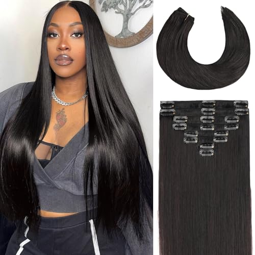 Clip in Hair Extensions Real Human Hair 18 Inch 100g 8pcs Invisible Seamless Real Hair Clip In Hairpiece, Double Layer Woven Real Hair, Specially Designed for Women, 1B Natural Black