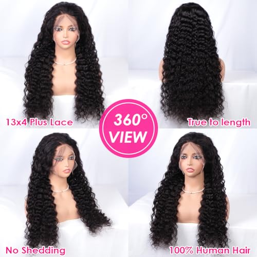 Pizazz 13x4 HD Transparent Lace Front Wigs Human Hair with Baby Hair Bleached Knots Black Color 180 Density Brazilian Deep Wave Human Hair Wigs for Black Women(24 Inch, Black color)