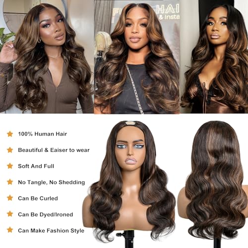 28 Inch Ombre U Part Human Hair 180 Density 1b/30 Highlight Ombre Upart Human Hair Wig Beginner Friendly Body Wave Half Wig for Women