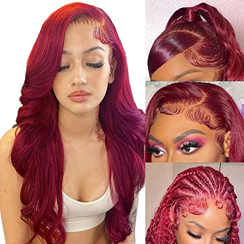 99j Burgundy Body Wave Lace Front Wig 13x4 HD Transparent Lace Frontal Wigs Glueless Human Hair Wigs Pre Plucked Pre Cut Frontal Human Hair with Baby Hair