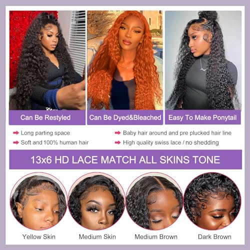 13x6 Deep Wave Lace Front Wigs Human Hair Ture 200 Density 20 Inch Pre Plucked Deep Wave Wig Human Hair 12A Glueless Wet and Wave Curly Lace Frontal Wigs For Women