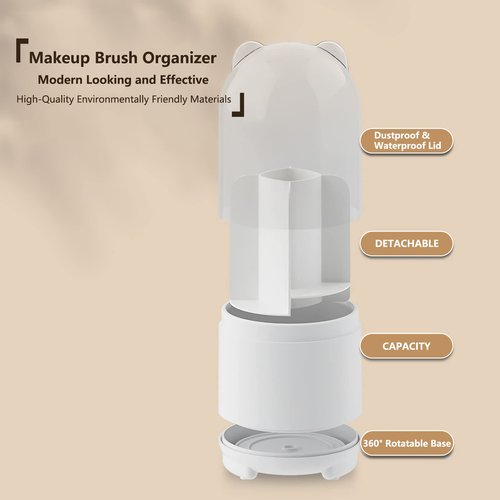 LtyTz Cute Makeup Brush Holder Organizer with Lid, Rotating Dustproof Make Up Brushes Container with Clear Acrylic Cover for Vanity Desktop Bathroom Countertop