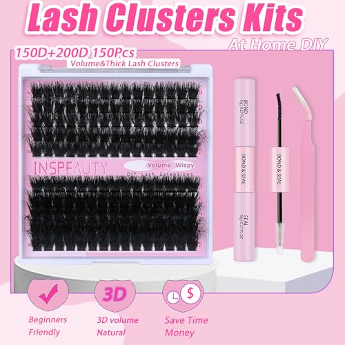 Lash Clusters Kit 150D+200D Thick Lash Clusters Eyelash Extension Kit 12-20mm Individual Lashes Kit with Lash Bond and Seal, Lash Tweezers for DIY Lashes Extension by INSPEAUTY