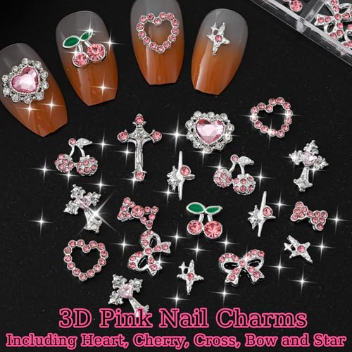 52PCS Pink and Silver Metal 3D Nail Charms Bulk, Bow, Heart, Cherry, Cross and Star Charms for Nails-Shiny Nail Rhinestones for Nail Art, Manicure, DIY Jewelry Making